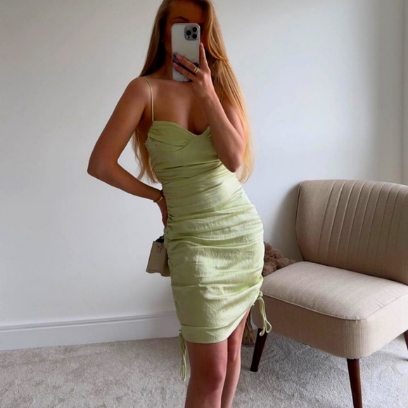 NWT Zara Mint Green Ruched Midi Dress, Size M - Picture 2 of 15